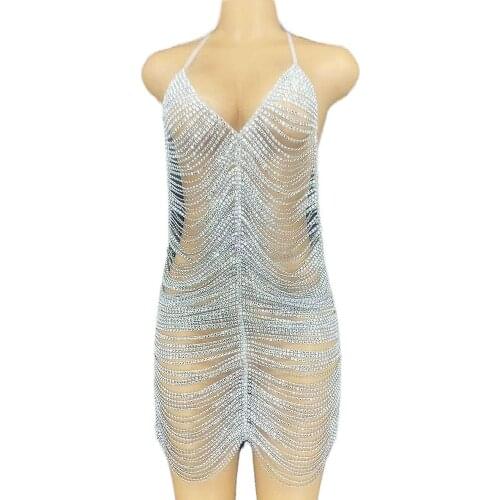 Shining Rhinestones Chain Decoration Perspective Party Sexy Dress Backless Performance Clothing Ladies Nightclub Performance
