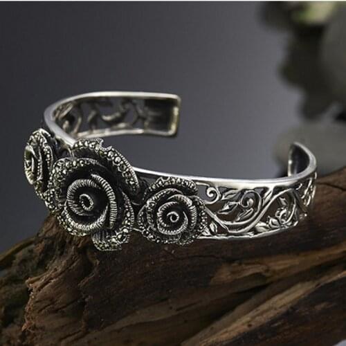 BOCAI New real pure S925 silver jewelry retro inlaid Marxite stone engraved rose flower beautiful open woman bracelet