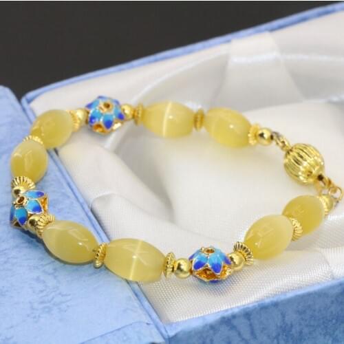 Classical design yellow beaded strand gold-color cloisonne spacers bracelets 8*12mm yellow cat eyes charms jewelry7.5inch B2737