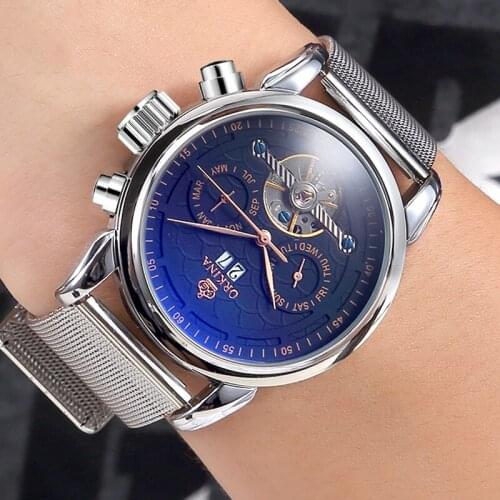 New Orkina Brand Luxury Mens Watches Stainless Steel Mesh Strap Tourbillon Wristwatches Men Automatic Mechanical Watches Relogio