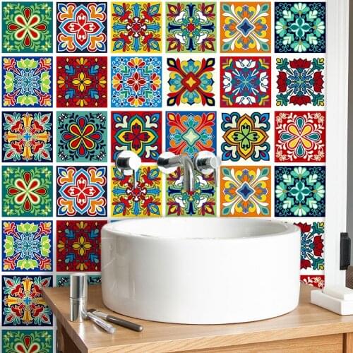 Colorful Floral Pattern Matte Tiles Sticker Transfers Covers For Kitchen Washbasin Home Renovation Floor Peel & Stick Wallpaper