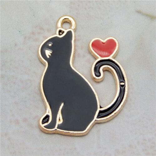 Julie Wang 6PCS Enamel Black Cat Charms Alloy Gold Tone Heart Animal Pet Pendant Bracelet Jewelry Making Accessory