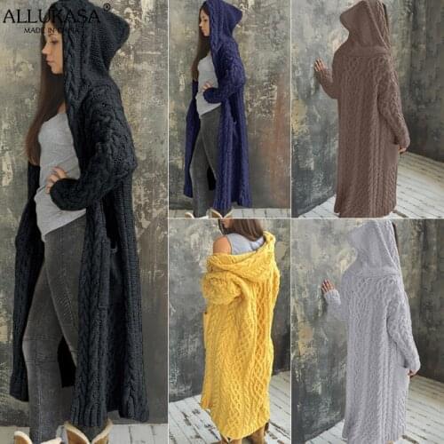 Allukasa Womens Cardigan Sweater Coat Solid Color Long Sleeve Knit Hooded Overcoat Loose Elegant Plus Size Ladies Warm Sweaters