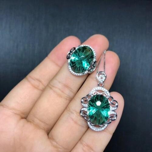 Special offer, natural green crystal jewelry set, ring pendant, colorful, 925 silver precision manufacturing