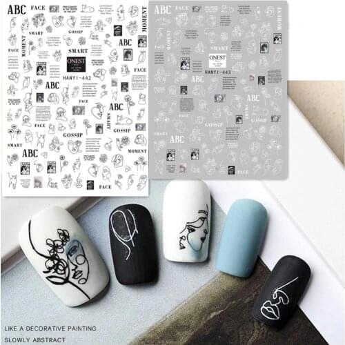 Newest Hanyi 442 443 abstract design 3d nail sticker back glue nail decals Japan type DIY decoration tips for nail design