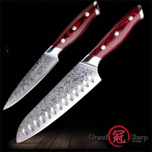 Grandsharp 2 Pcs Damascus Knife Set Damascus Japanese Stainless Steel VG10 Santoku Utility Knives Cooking Kitchen Chef Knives