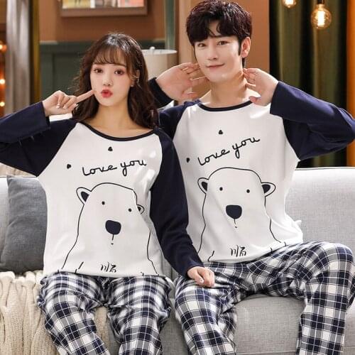 Matching Couple Pajama Set Cotton Pijamas Long Sleeve Sleepwear Cute Cat Home Suit Pyjama For Lover Man Woman Lovers' Clothes