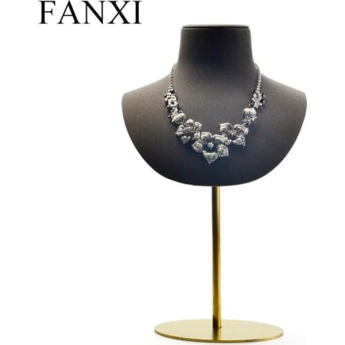 Oirlv Black Grey Leather Necklace Display Mannequin Bust Stand Jewelry Pendant Holder with Metal Shelf for Jewelry Showcase Rack