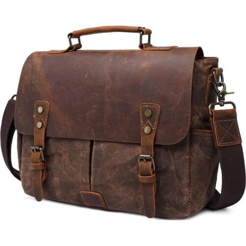 Crazy Horsehide Male Men Business Messenger Bags For Men Shoulder Bag Canvas Crossbody Pack Retro Casual Office Travel Bag