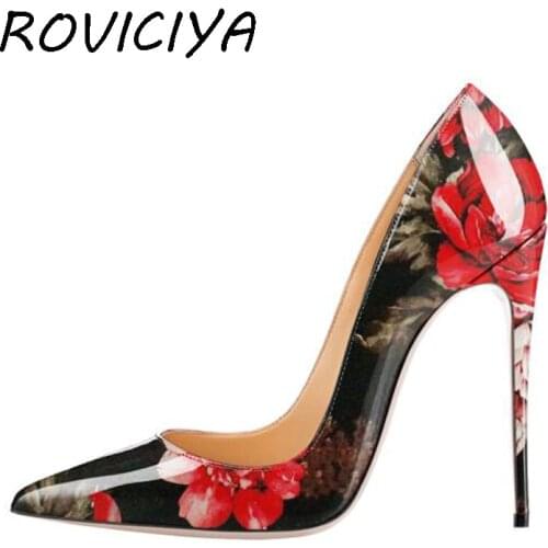 Stilettos red black flower pointed toe new ladies high-heeled shoes womens shoes 12cm extreme high heel QP061 ROVICIYA