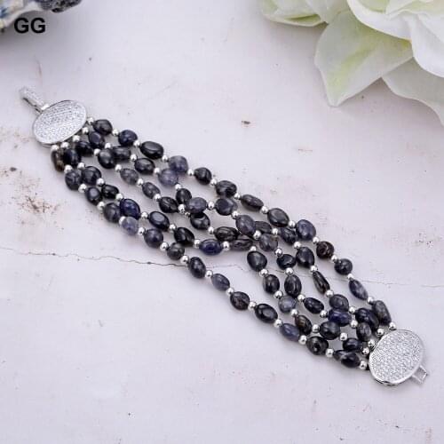 GuaiGuai Jewelry 8" 5 Strands Natural Blue Lolite Freeform Gems Stone Bracelet CZ Clasp
