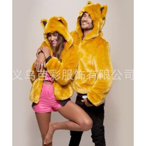 New Ladies Luxury Faux Fur Coat Yellow Winter Long Sleeve Animal Ear Cap Hooded Thick Warm Women High Quality Fake Fur Overcoat