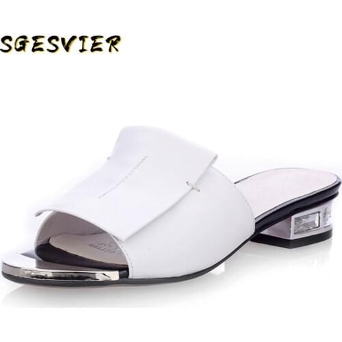 SGESVIER 2020 New Women Summer High Quality Square High Heels Pumps Genuine Leather Shoes Woman Sandals Open Toe Ladies Slippers