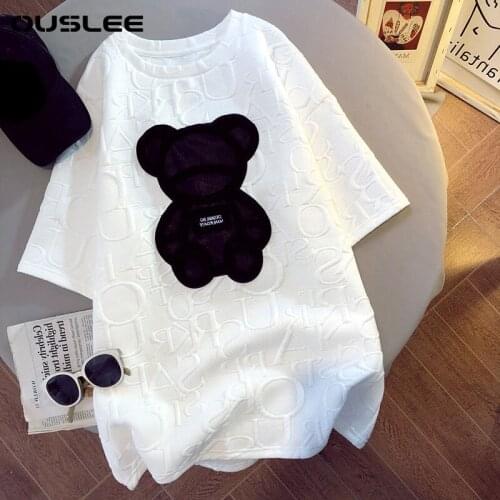Ouslee Harajuku Girls Women T-shirts Funny Kawaii Cartoon Tees Short Sleeves Loose Summer Tshirt Bear White Casual Basic T-Shirt