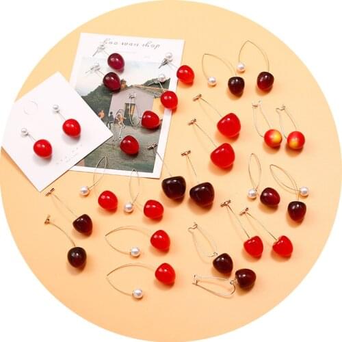 Sweet Simulation Red Cherry Dangle Earrings for Women Metal Simulated Pearl Long Pendant Hanging Drop Earrings Party Jewelry