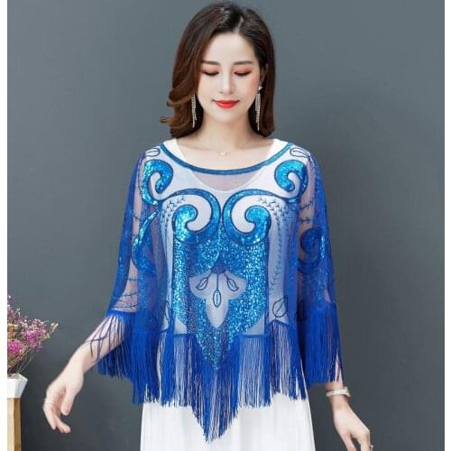 Womens Glittering 1920s Scarf Mesh Sequin Wedding Cape Fringed Evening Shawl Wrap For Wedding Party 7930