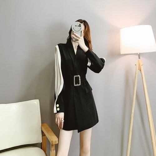 WomenS Blazer 2020 Fashion Korean Chic Patchwork Sleeve Blazer With Belt Lapel Long Jackets Coats AA5376