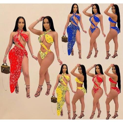 Adogirl Fashion Print Two Piece Set Halter Hollow Out Bodysuit And Cover Up Maix Skirt 2021 Summer Swimsuit Beach Woman Clothes