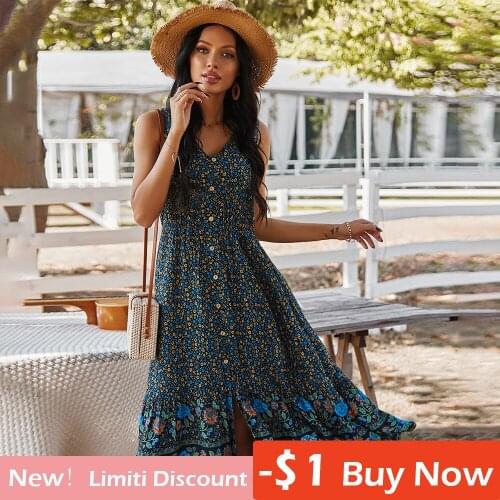 2021 Women Summer Floral Sleeveless Bohemian Dress V Neck Vintage Button Split Slim Flowy Beach Holiday Midi Dresses with Pocket