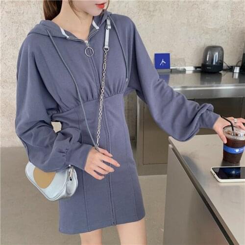 Hooded Dress For Women Fall Lantern Long Sleeve Zip Up Hoody Dress Black Solid Elegant Mini Dresses Female Vestidos DR007