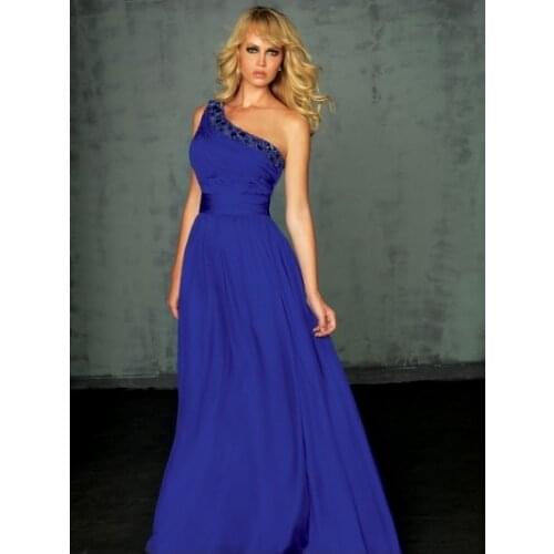 Free shipping blue one shoulder vestidos formales long chiffon design bridal dinner beaded party gown Bespoke Occasion Dresses