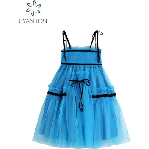 Women Casual Dress Fashion Chic Blue Fluffy Dress Suspenders Sexy Party Lace Design dress High Waist Fairy Short Dress 2021 Ne