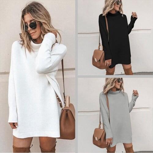 New Autumn Turtleneck Solid Knitted Sweater Dress Women Long Sleeve Slim Streetwear Pullovers Oversized White Sweater Dresses
