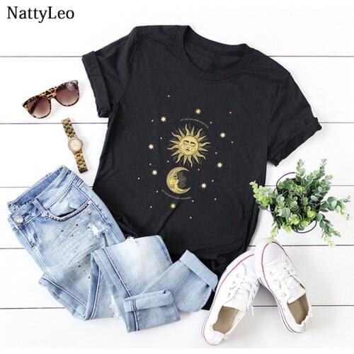 S-5XL Plus Size TShirt Women Fashion Sun Moon Print Shirts 100%cotton O Neck Short Sleeve Tees Summer Tops Graphic T Shirts