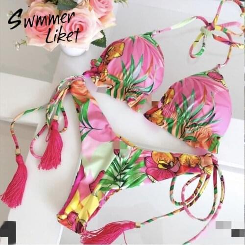 Push up bikinis 2020 mujer Print swimsuit women String bathing suit Sexy halter swimwear women Summer bathers Swimming suit new