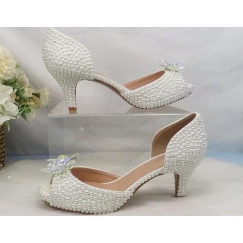 White Pearl Bridal Women Wedding Shoes Crystal Flower Open Toe Summer Sandals Party Dress Shoes Bridesmaid Rhinestone High Heel