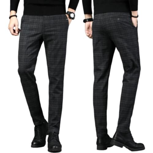 New Mens Casual Plaid Pants Business Casual Slim Fit Dark Grey Classic Style Elastic Trousers Male Brand Clothes Street Fashion