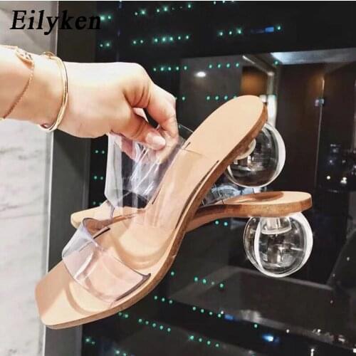 Eilyken 2021 New Women Slipper Summer Women Beach Slippers Transparent PVC Square Toe Crystal Heel Slides Sandals Size 41 42 43