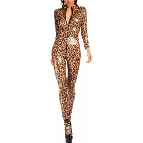 Erotic Sexy Leopard Latex Bodysuit Zipper Dress for Sex Woman Breast Exposing Open Crotch Elastic PVC Leather Catsuit Lingerie