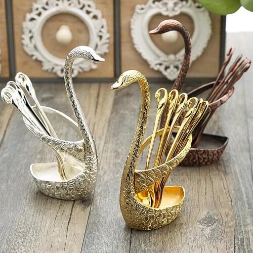 Swan Fruit Base Holder Forks Set Stainless Steel Flatware Bento Accessories Salad Dessert Fork Coffee Spoon Cake Fork Dinner Set