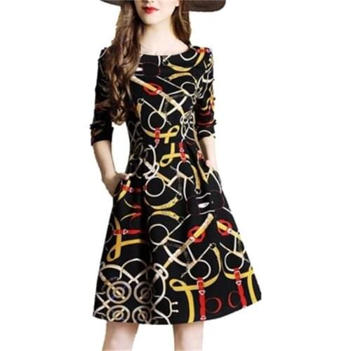 Fashion Dress Women Autumn New Printed dress womens slim cropped sleeves temperament dress women
