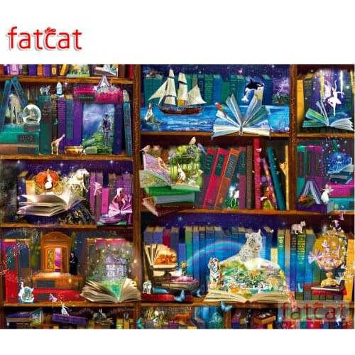 FATCAT Library Adventures in Reading Diamond Painting Full Square Round Drill Diy 5D Diamond Embroidery Mosaic Needlework AE1317