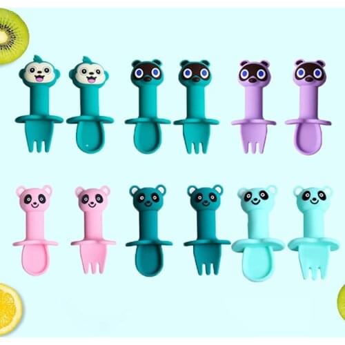 Cartoon Animal Shape Silicone Spoon Fork Set Safe Infant Feeding Soft Heat-Resistant Detachable Baby Utensil Children Tableware