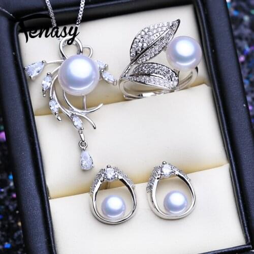 FENASY 925 Sterling Silver Jewelry Sets Natural Pearl Stud Earrings Custom Bohemian Flower Pendant Necklaces For Women Ring Set