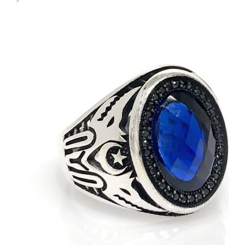 New Double-Headed Eagle Sapphire Stone Silver Men 'S Ring