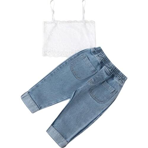 New Girls Clothes Set, Floral Embroidery Sleeveless Lace Cropped Tops + Solid Color Long Jeans