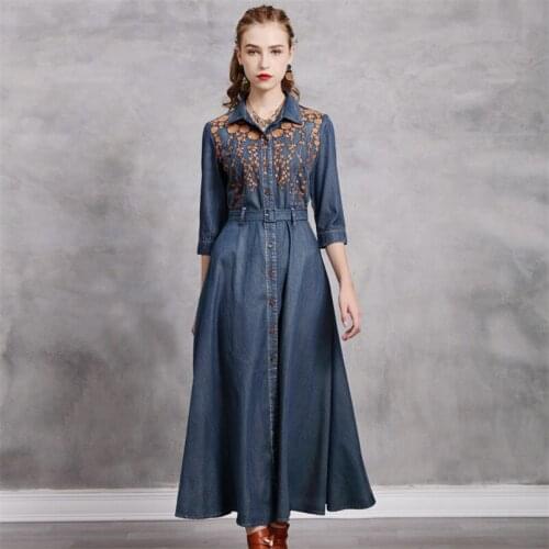 Autumn Womens Denim Embroidery Dress 2020 Vintage Women Dresses Half Sleeve Belt A-Line Female Vestidos Q82259 Vestido