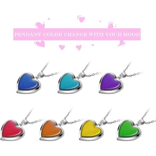 Womens Stainless Steel Temperature Sensing Mood Discoloration Peach Heart Love Heart Shape Box Emotion Necklace