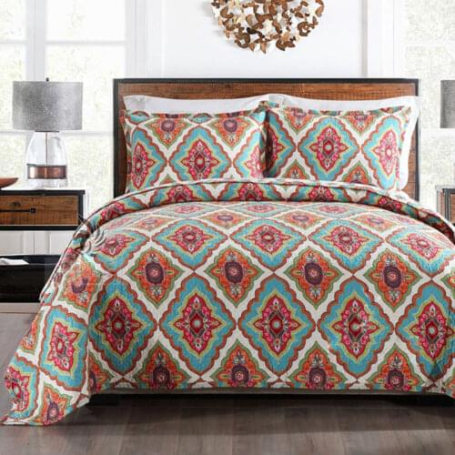 CHAUSUB New Quality Washed Cotton Printed Quilt Set 3PCS Quilted Bedspread Quilts Bed Cover Pillowcase King Size Coverlet Set
