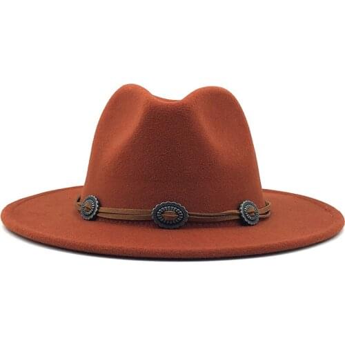 Simple Solid Color Women Men Vintage Wool Felt Panama Fedora Hat Belt Buckle Jazz Trilby Cap Party Formal Top Hat