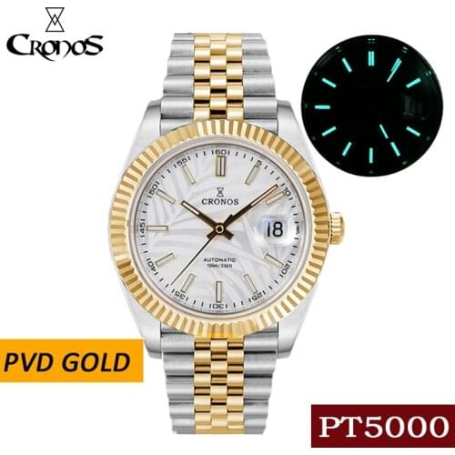 Cronos Date Luxury Men Watch Leaf Pattern 5 Links Bracelet Copper-Nickel Plated Bezel 100m Water Resistant Sapphire