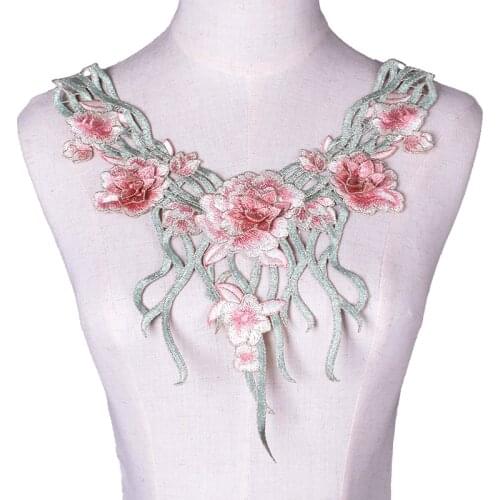 Pink Embroidery Flower Lace Neckline Collar Fabric Sewing Applique DIY Ribbon Trim Guipure Wedding Dress Cloth Decor
