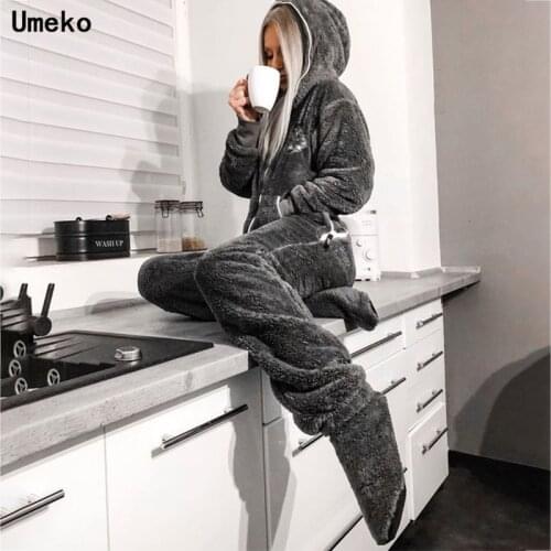 Umeko Velvet Fleece Jumpsuits for Women Autumn Winter One Piece Outfit Women Hooded Romper with Zipper Winter Cute Plush Pajamas