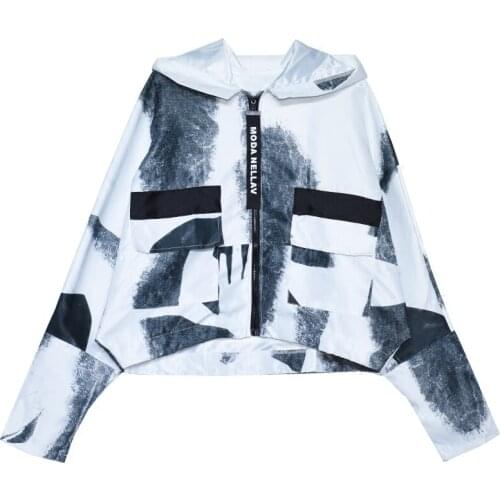 PERHAPS U Women Outwear Waterproof Windbreaker Rain Jacket Hooded Bat Sleeved Long Sleeve Gray White Print Pocket C0013