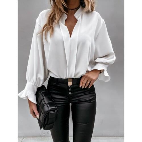 Autumn Ruffles Long Sleeve Womens Blouse Solid Black V-neck Loose Female Blouses 2021 New Spring Sexy Office Casual Ladies Top