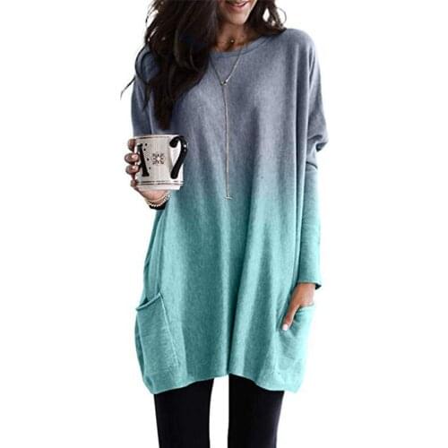 Women Spring Autumn Round-neck Long Sleeve T-shirt Gradient Color Loose Casual Pocket Pullover Top Ladies New 5XL Clothes